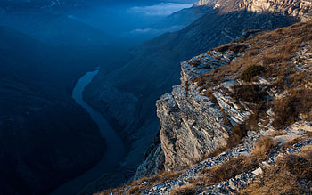 Nature, Rivers, Grass, Rock, Cliff, Darkness, It's A Sly, Withered, View, From Above, Above HD wallpaper