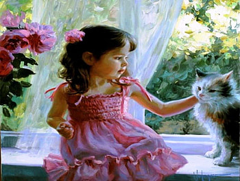 Painting, animal, cute, natura, small, play, artist, Vladimir Volegov, adorable, friends, sweet, art, other, girl, cat, people, pink, love, painter, flowers HD wallpaper
