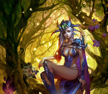 Fantasy girl, fairy, ming tong, yellow, girl, luminos, forest, creature HD wallpaper