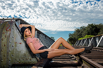 Cowgirl on the Railway Tracks, cowgirl, blonde, hat, shorts, railway HD wallpaper