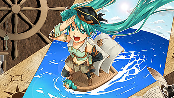 Hatsune Miku, miku, boat, pirate, hatsune, vocaloid, twin tails, miku hatsune, ocean HD wallpaper