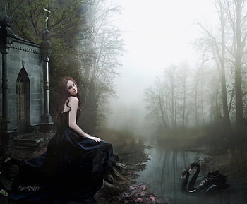 The Chapel, river, black, chapel, girl, dark, woman, black dress, mist, swans, fog, fantasy, swan, forest HD wallpaper