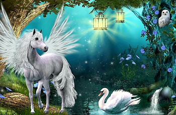 Pegasus and a Swan, Owl, lanterns, pegasus, beautiful, Fantasy, digital, magical, swan, pond HD wallpaper