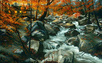 Creek in autumn forest, river, creek, peaceful, serenity, painting, trees, cascades, autumn, art, house, fall, beautiful, stones, leaves, cottage, forest, foliage, stream HD wallpaper