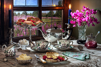 Still life, Flowers, Buns, Mugs, Window HD wallpaper