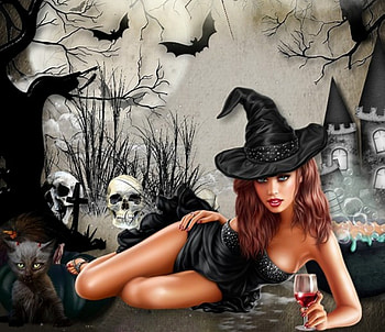 WITCH, BLACK, SKULLS, BATS, HAT, CAT HD wallpaper