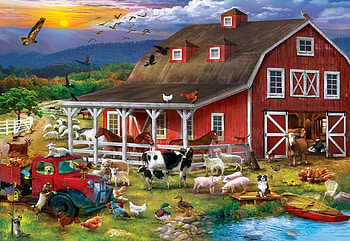 The Barnyard Crowd, car, animals, birds, hens, barn, dogs, ducks, pigs, horses, painting, cows, sheep HD wallpaper