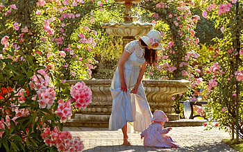 My First Memories, summer, fantasy, fountain, baby, garden, women, flowers HD wallpaper