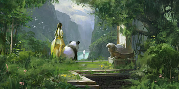 Waiting, ship, frumusete, art, girl, wu zhilei, fantasy, panda bear, green, yellow, luminos HD wallpaper