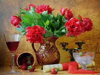 Still life, plenty, bouquet, juice, strawberries, vase, beautiful, fruits, pretty, glass, flowers, lovely, harmony, wine HD wallpaper