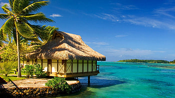 Tropical Paradise, sea, sky, palm, cabin HD wallpaper