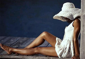 Ready for the summer, relaxing, summer, sun dress, white hat, dock, water, woman HD wallpaper