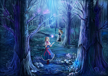 Anime, Touhou, Alice Margatroid, Blonde, Broom, Forest, Marisa Kirisame, Night, Red Eyes, Short Hair HD wallpaper