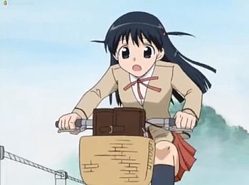 Biking, uniform, cute, school uniform, long hair, nice, basket, bike, adorable, female, sweet, tenma, school rumble, girl, black hair, kawaii, anime girl, bicycle, anime, pretty, lovely HD wallpaper
