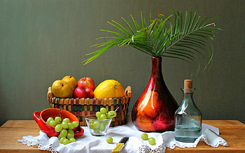 Still life, basket, grapes, glass, fruits, food HD wallpaper
