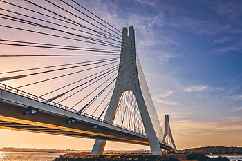 Architecture, suspension bridge, sunset HD wallpaper