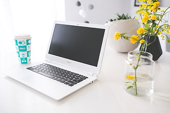 Bright workspace featuring Acer laptop, coffee cup, and fresh yellow flowers in a minimalist setting. HD wallpaper