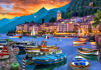 Lake Como Harbor, italy, houses, mountains, evening, village, sunset, artwork, painting, boats, lights, trees HD wallpaper