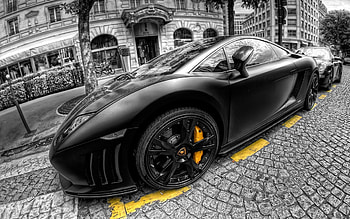 Lamborghini Gallardo Black, Gallardo, Lamborghini, Car, Houses, White and Black, Street, Black HD wallpaper