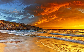 Golden Coast, sand, tide, gold, beach, daylight, day, bright, yellow, clouds, nature, sky, water, hill, wave, sunset, ocean HD wallpaper