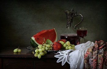 Still life, Wine, Grapes, Watermelon, Style, Sty HD wallpaper