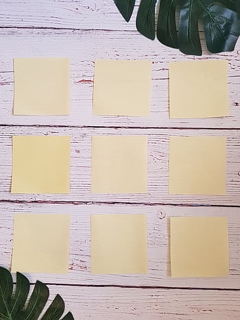 Flat lay of yellow sticky notes on a rustic white wooden surface with green monstera leaves. HD phone wallpaper