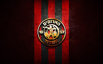 Agudat Sport Asod FC, golden logo, Leumit League, red metal background, football, Israeli football club, Agudat Sport Asod logo, soccer, Agudat Sport Asod HD wallpaper