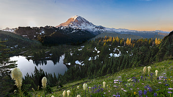 Snow covered mountain, lake, landscape, nature HD wallpaper