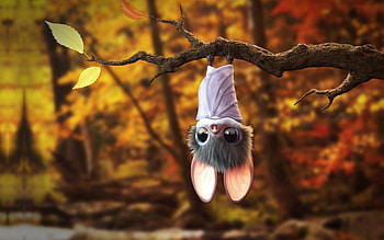 Bat, cute, orange, branch, halloween, mateusz gruszka, fantasy, autumn, leaf, luminos HD wallpaper
