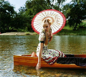 Messin' About, boat, umbrella, model, beautiful, people, fashion, trees, water, female HD wallpaper