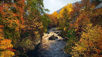 Autumn River, water, rocks, leaves, hills, trees, colors, sky HD wallpaper