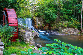 Waterfall and mill, river, creek, place, mill, beautiful, grass, serenity, quiet, waterfall, cascades, water, calm, forest HD wallpaper