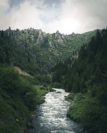Capture the serene beauty of a flowing river through a lush mountain landscape. HD phone wallpaper