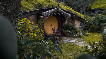 the hobbits house, door, trees, new zealand, flowers, grass, rocks HD wallpaper