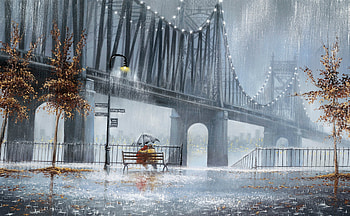 Trees, Rain, Lights, Miscellanea, Miscellaneous, Couple, Pair, Lanterns, Bench, Umbrella, Street, Two HD wallpaper