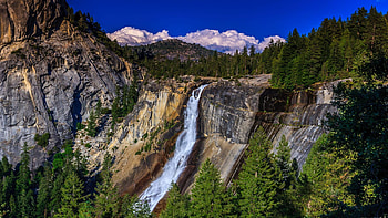 Nevada Falls from the John Muir Trail, Yosemite National Park, river, california, landscape, trees, clouds, sky, rocks, mountains, usa HD wallpaper