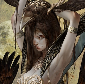 Chaman Lady, feathers, art, black hair, long hair, woman, lady, moon, fantasy, brazalets, lovely, fantasy woman, asbtract, female HD wallpaper
