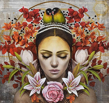:), bird, sophie wilkins, flower, red, face, girl, pasari, pink, painting, pictura HD wallpaper