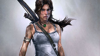 Lara Croft, grey background, games, tomb raider, weapons, cg, plain background, video games, realistic, female HD wallpaper