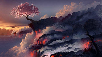 the lone redbud tree., volcano, redbud, cliffs, lava HD wallpaper