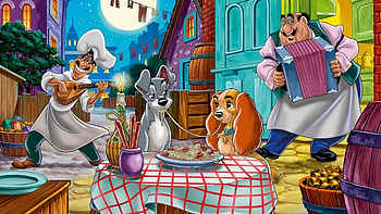 Lady and the Tramp, Vintage movie backdrops, Disney animation, Classic romance HD wallpaper