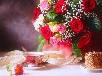 tea time & roses, still life, teacup, tea, roses, tea time, flowers HD wallpaper