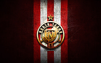North Texas FC, golden logo, USL League One, red metal background, american soccer club, North Texas FC logo, soccer, FC North Texas HD wallpaper