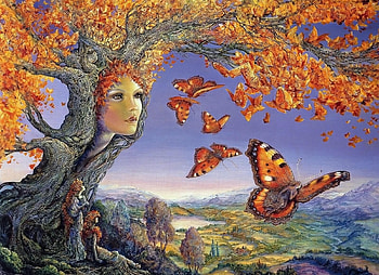 Butterflies, Girls, Fantasy, Autumn, Leaves, Wood, Tree, Face, Surprise, Astonishment HD wallpaper