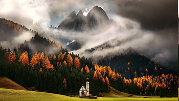 beautiful little church infront of italian mountains in fall, clouds, autumn, meadow, church, forest, mountaun HD wallpaper