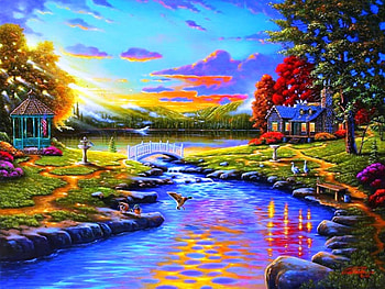 Lake at Sunset, Lake, Painting, Houses, Birds, Sky HD wallpaper
