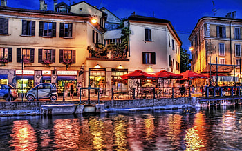 Cities, Cars, City, Shore, Bank, Evening, r, Street, Cafe, Café, Shops HD wallpaper