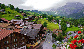 Swiss village, Alpine splendor, Majestic peaks, Quaint architecture HD wallpaper