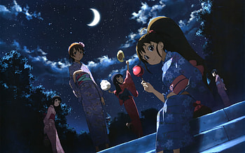 Working!, night, working, kimono, anime, moon, friends HD wallpaper