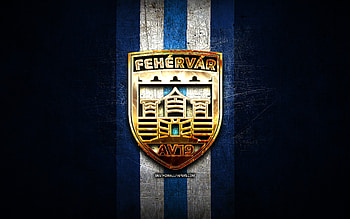 Fehervar AV19, golden logo, ICE Hockey League, blue metal background, austrian hockey team, Fehervar AV19 logo, hockey HD wallpaper